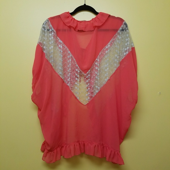 Ciel Usa Coral Ruffle Flowy Lace Boho Tie Blouse - Picture 2 of 5